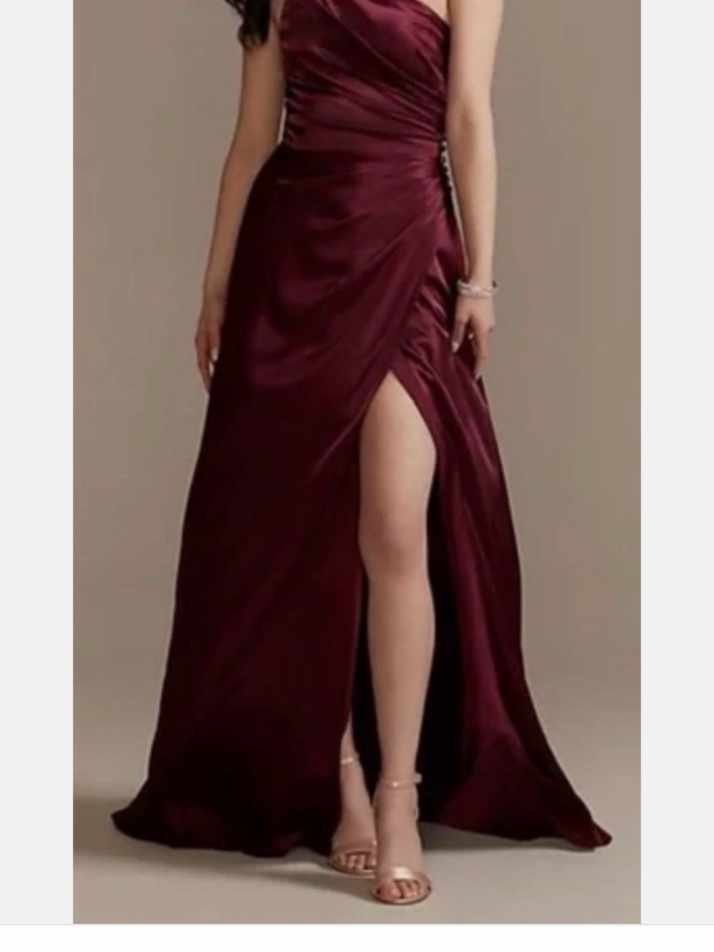 One-Shoulder Burgundy Satin Maxi Dress with High Slit